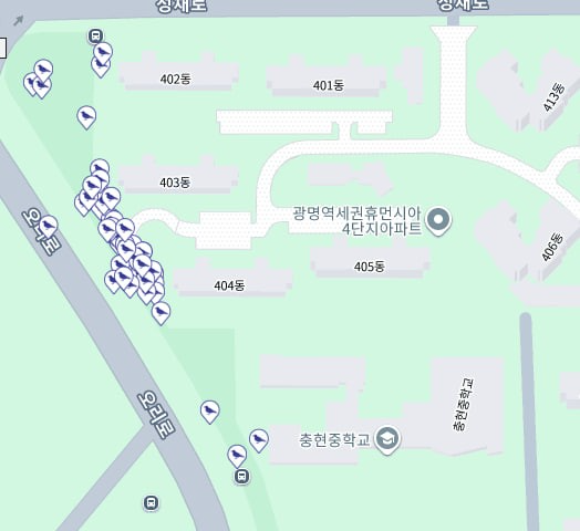 파란색 새 모양이 조류충돌 조사 지점이다. (사진 네이처링 캡처)/뉴스펭귄