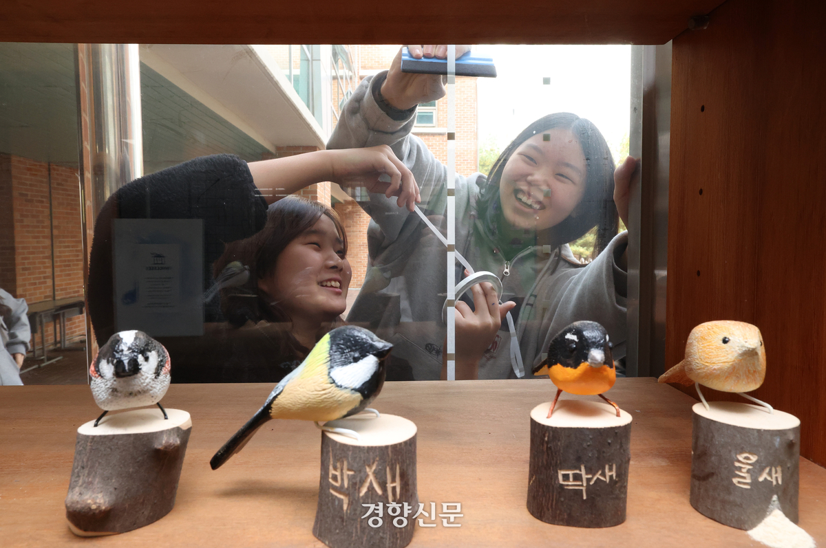 경기 광명시 충현중학교 1학년 학생들이 충현중학교 유리창에 조류 충돌방지 스티커를 부착하고 있다. 권도현 기자