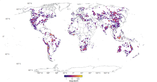 금속 채굴에 사용되는 토지 면적 지도. [자료:nature reviews earth & environment, 2025]