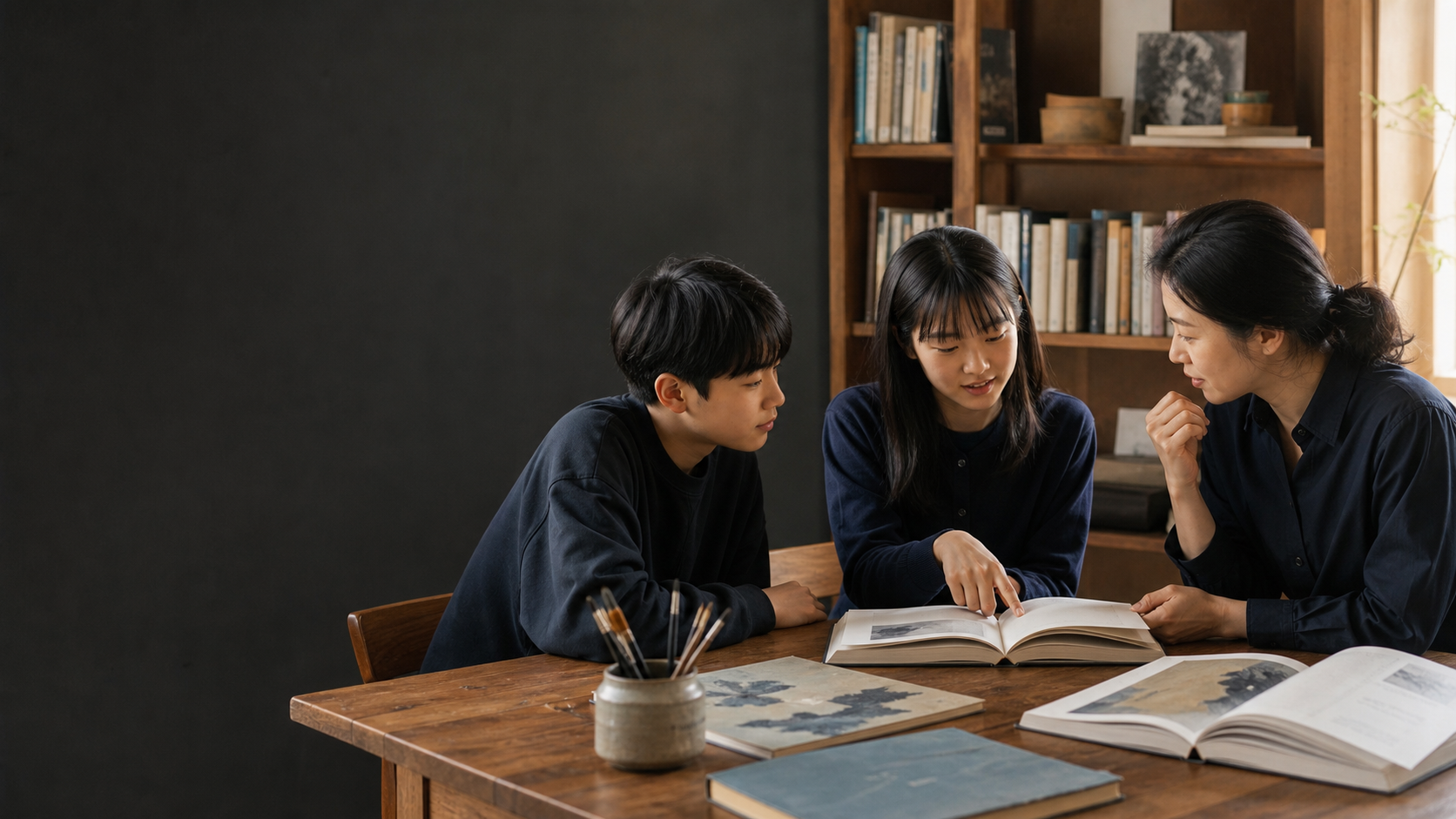 책과 미술 자료를 펼쳐 놓고 질문을 나누는 한국인 교사와 청소년들