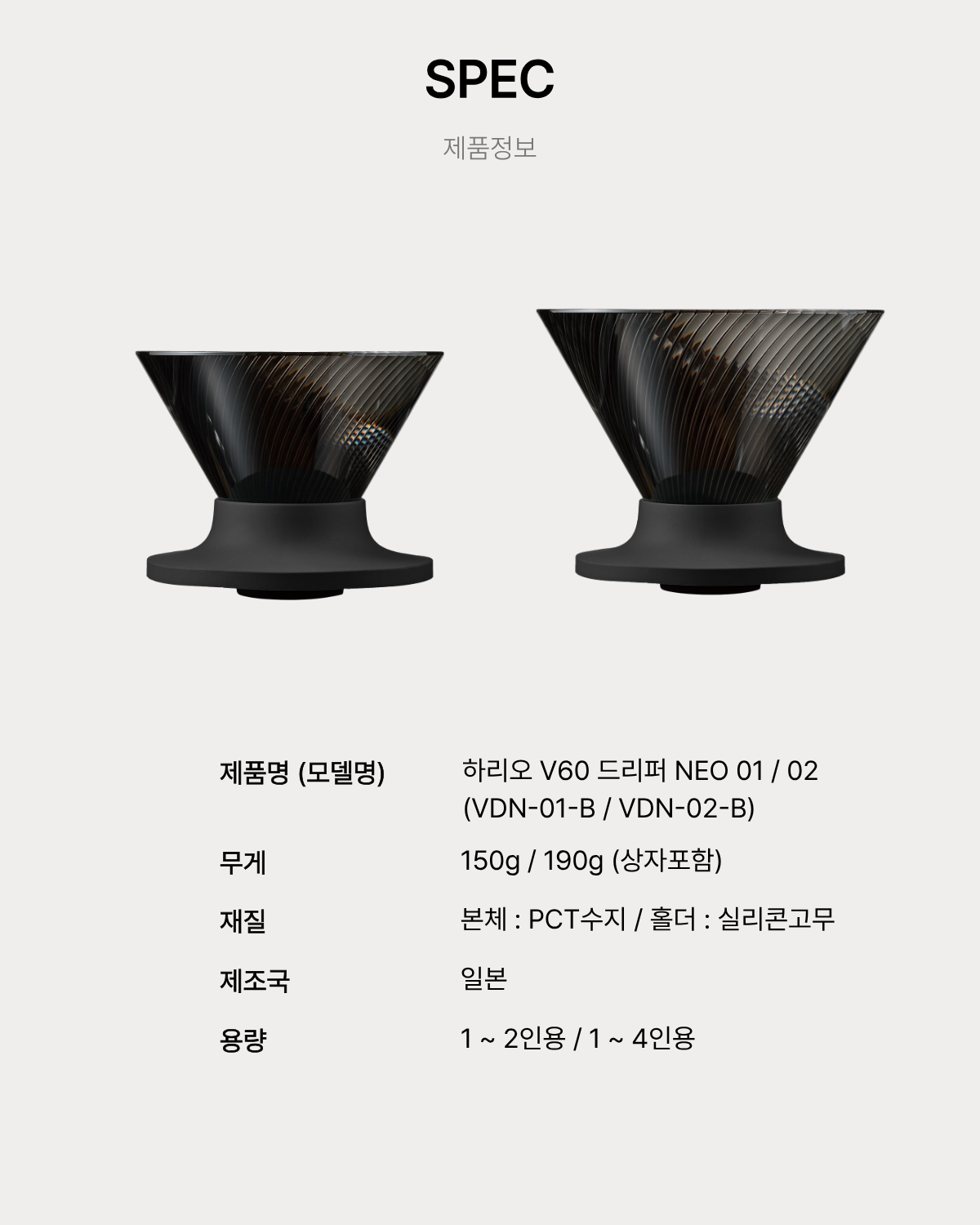하리오 V60 네오 드리퍼 NEO 01 02 dripper - 블랙 black