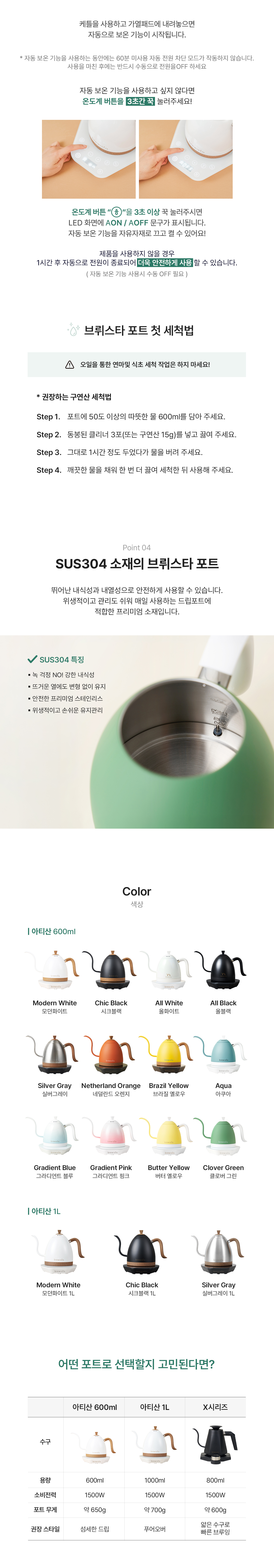 브뤼스타 아티산 전기드립포트 프로 600ml - 클로버그린