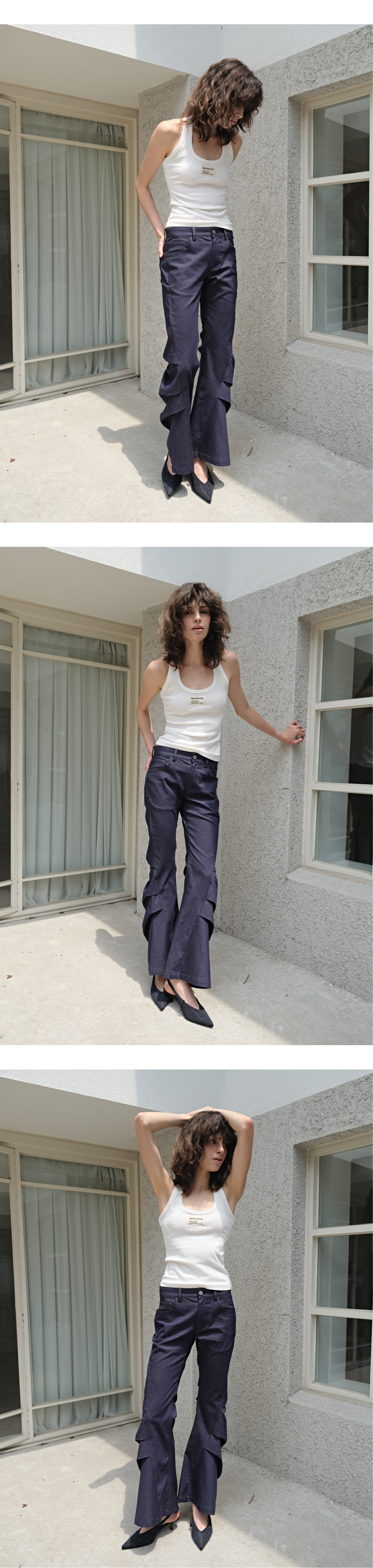 Draped tuck low-rise bootcut jeans_mid wash