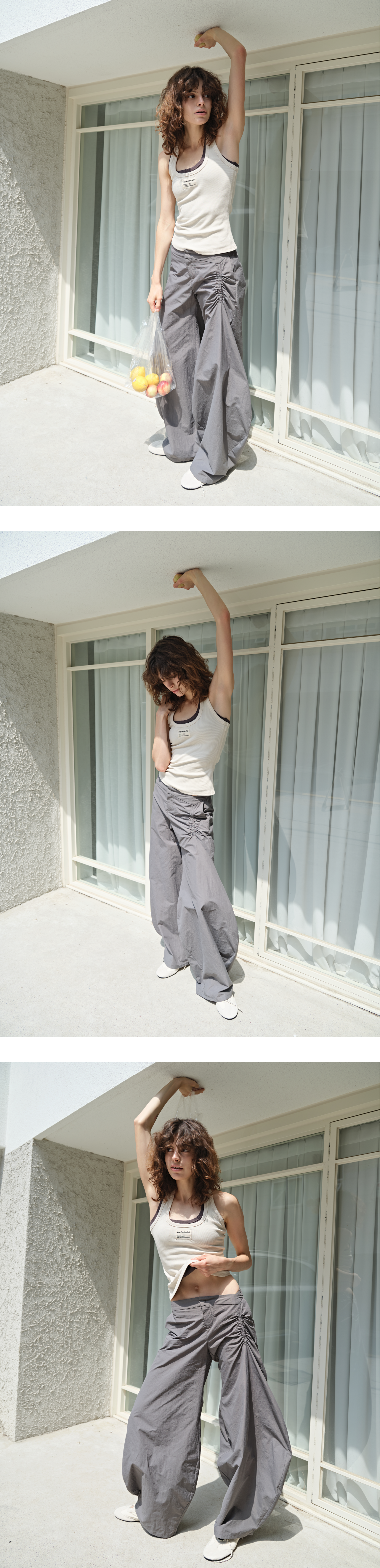 Shirring arch nylon pants_stone gray