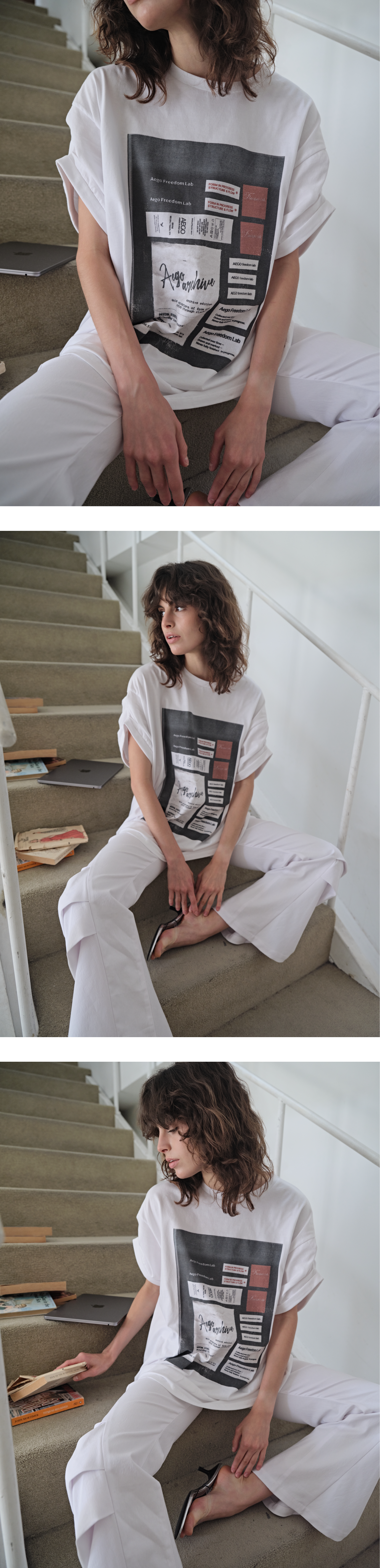 Tuck roll-up sleeve graphic T_white