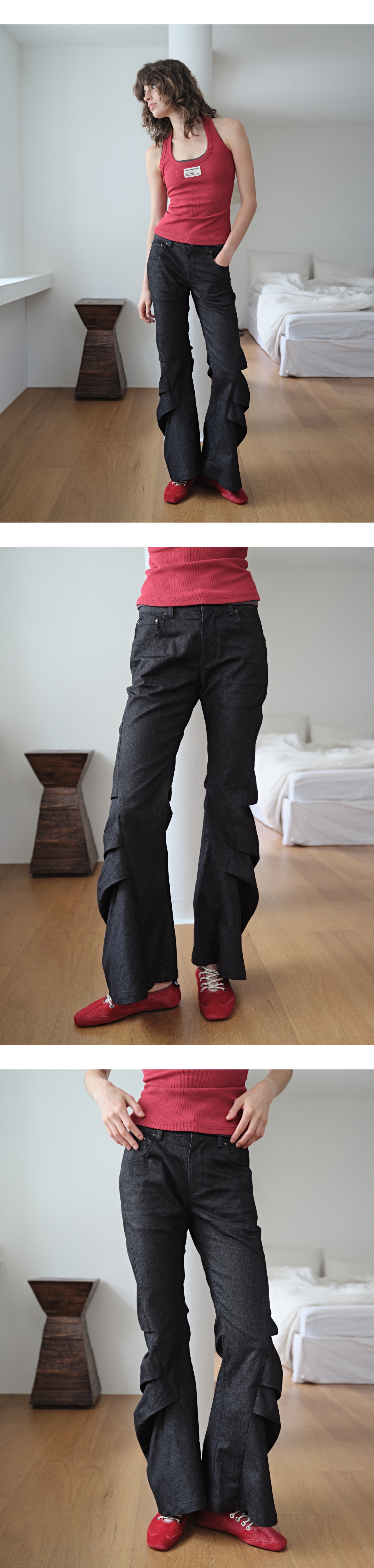 Draped tuck low-rise bootcut jeans_black wash