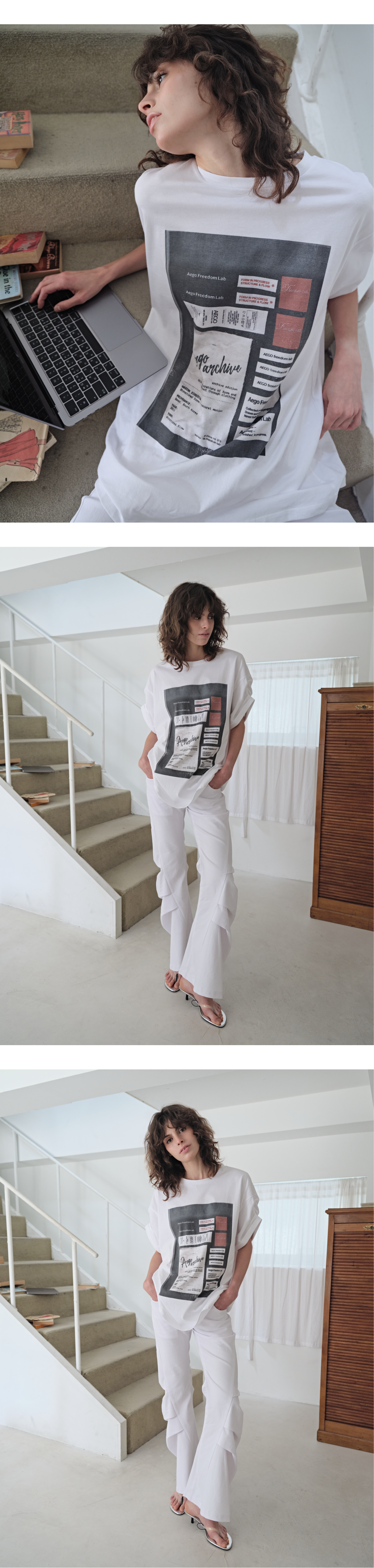 Tuck roll-up sleeve graphic T_white