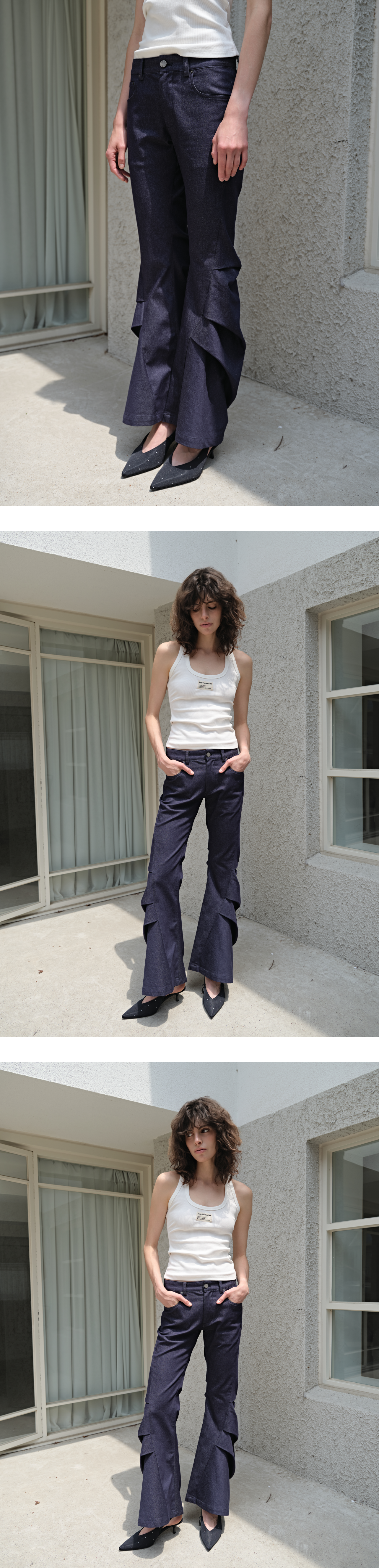 Draped tuck low-rise bootcut jeans_mid wash