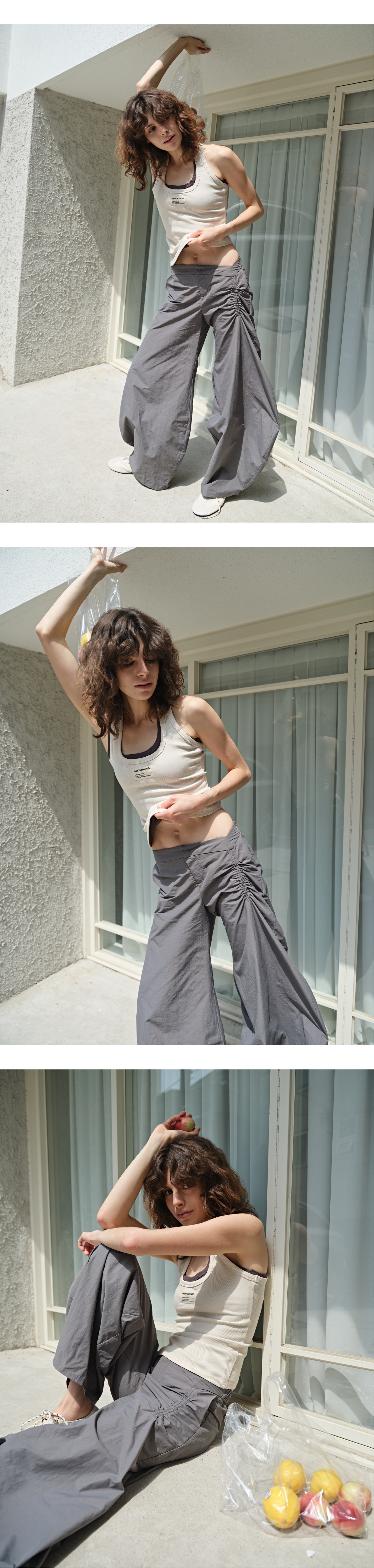 Shirring arch nylon pants_stone gray
