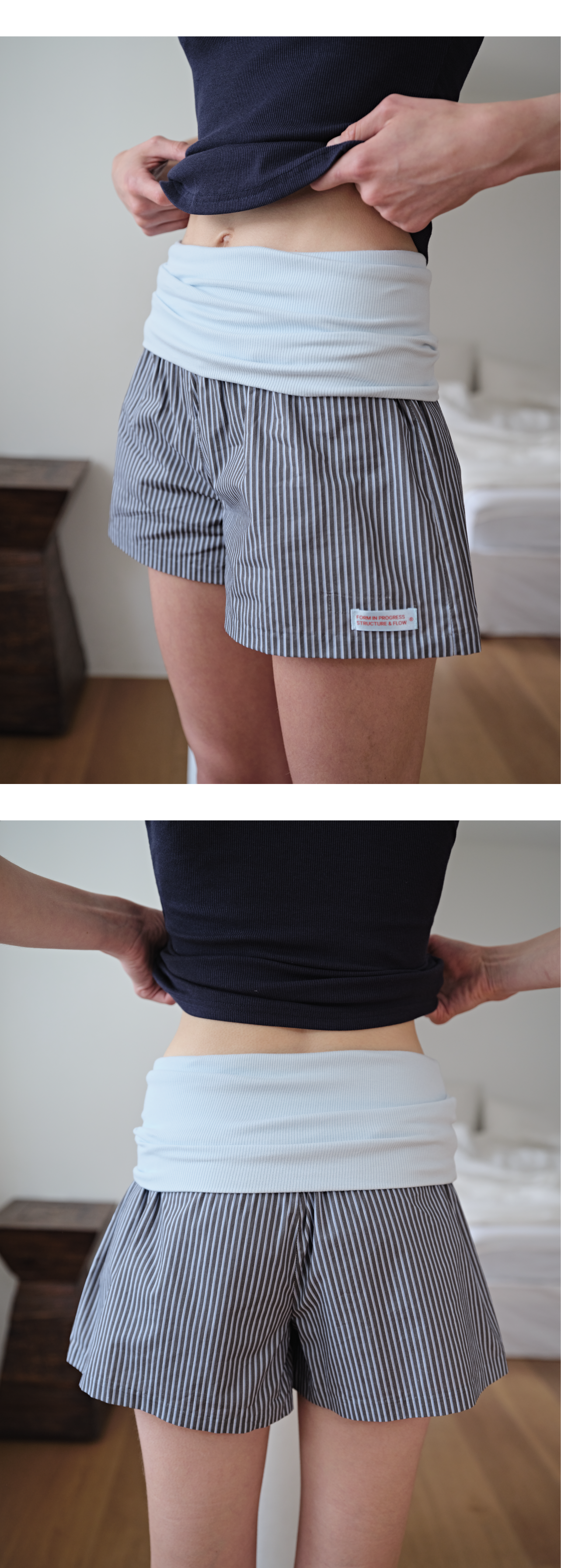 Fold-over waist stripe shorts_blue black
