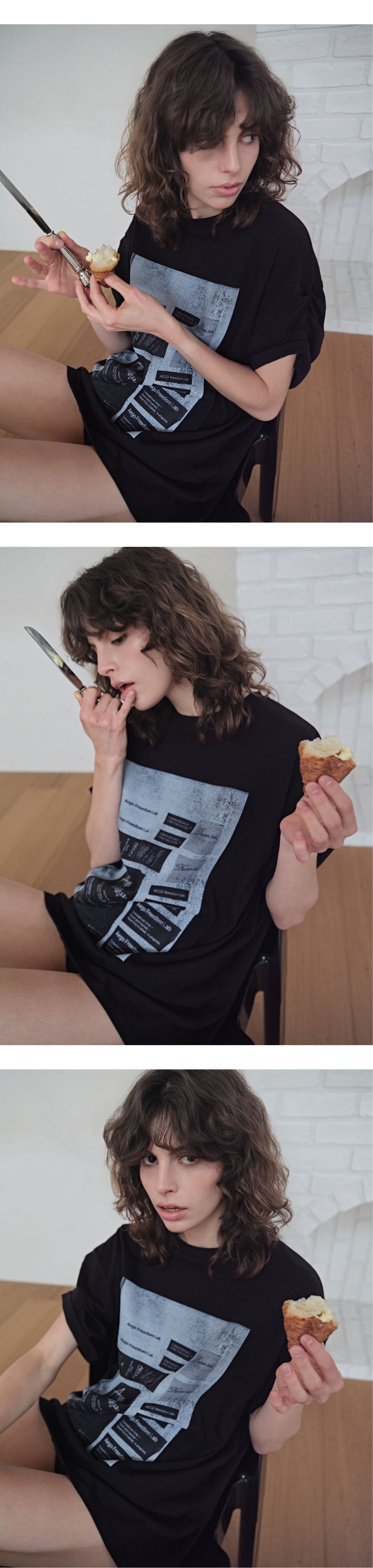 Tuck roll-up sleeve graphic T_black