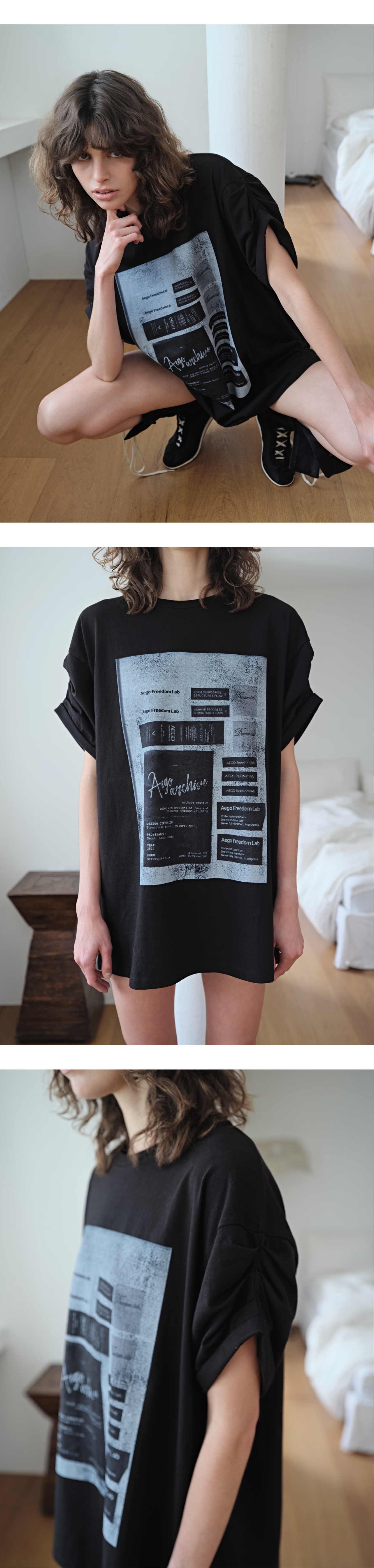 Tuck roll-up sleeve graphic T_black