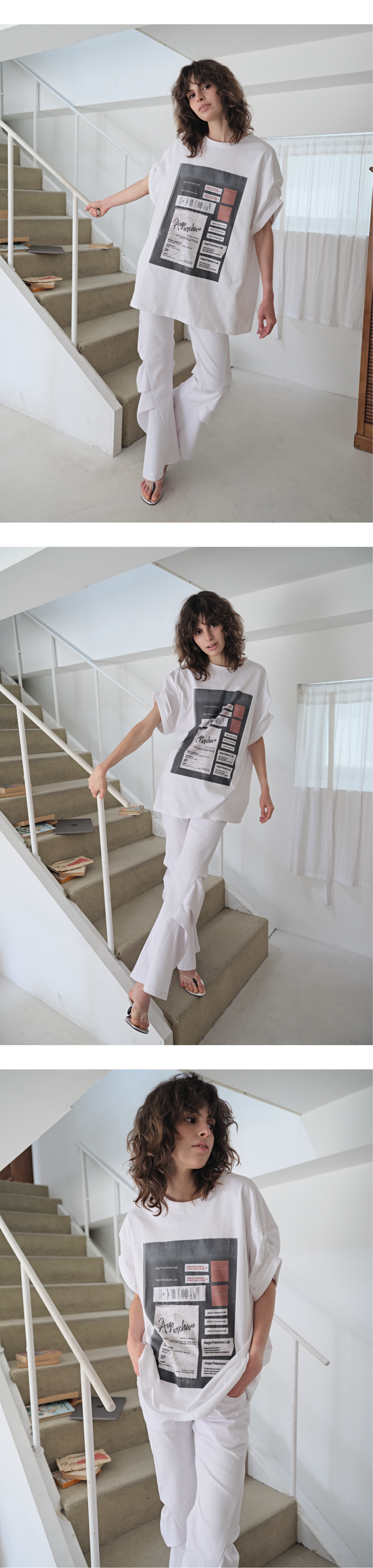 Tuck roll-up sleeve graphic T_white