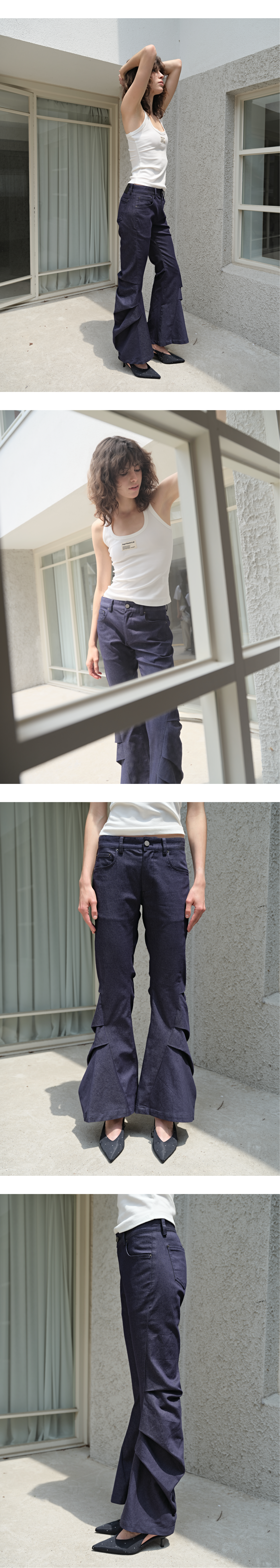 Draped tuck low-rise bootcut jeans_mid wash