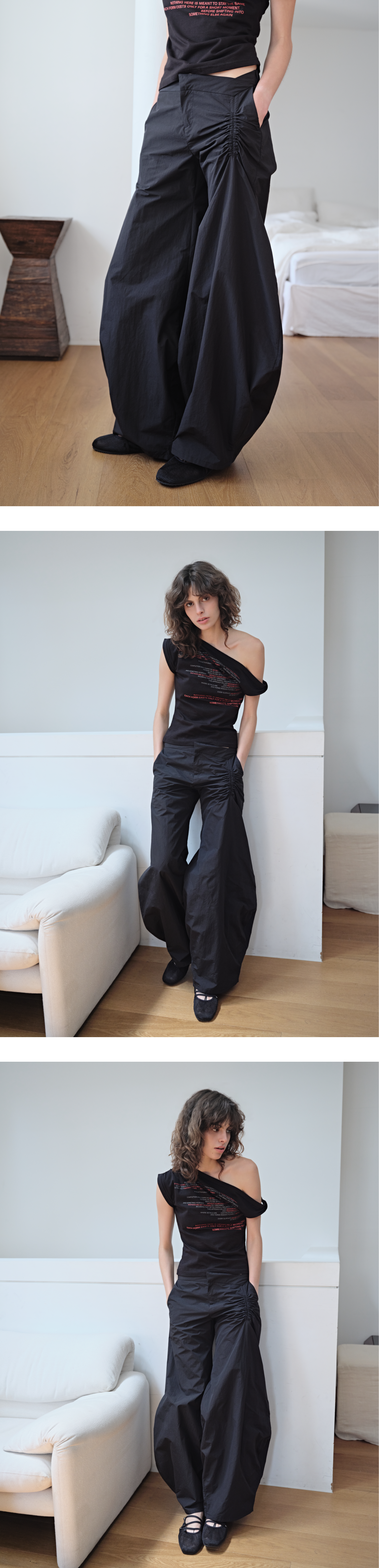 Shirring arch nylon pants_black