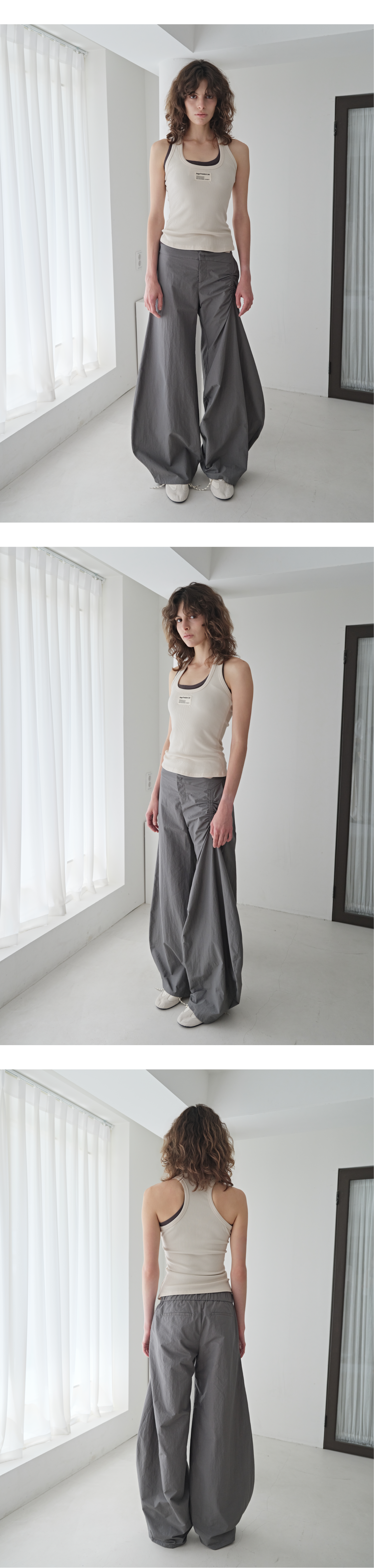 Shirring arch nylon pants_stone gray