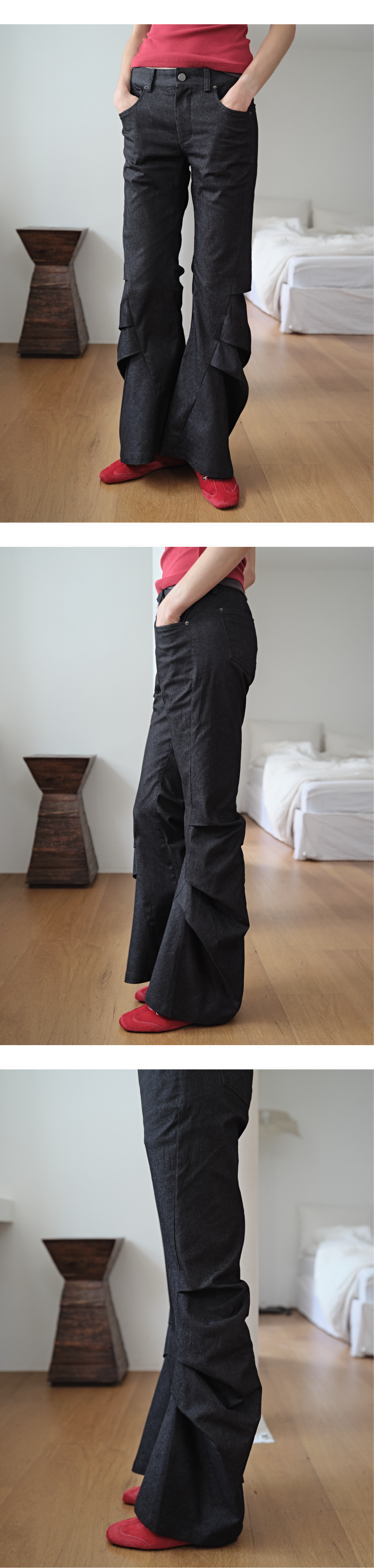 Draped tuck low-rise bootcut jeans_black wash