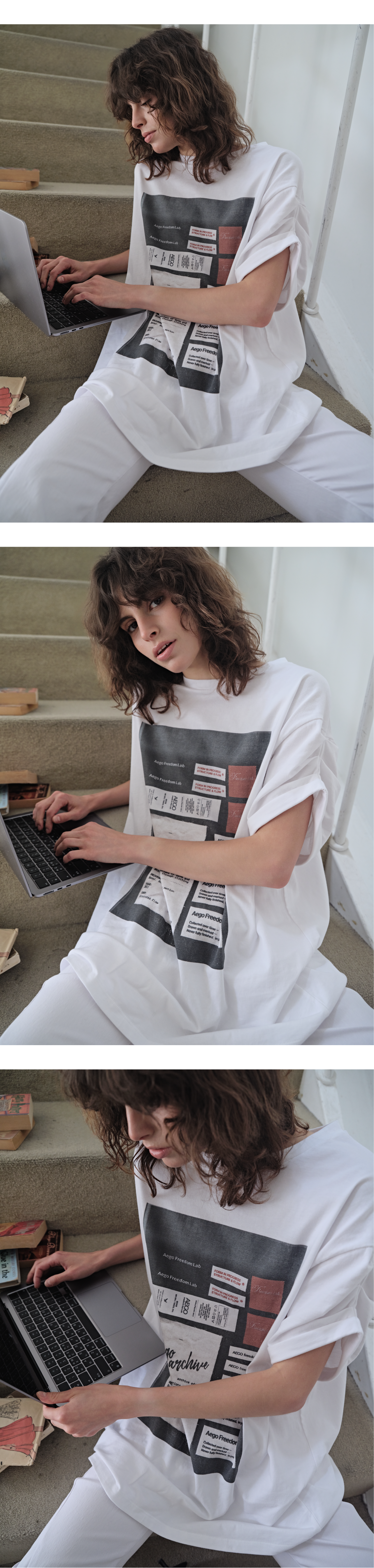 Tuck roll-up sleeve graphic T_white