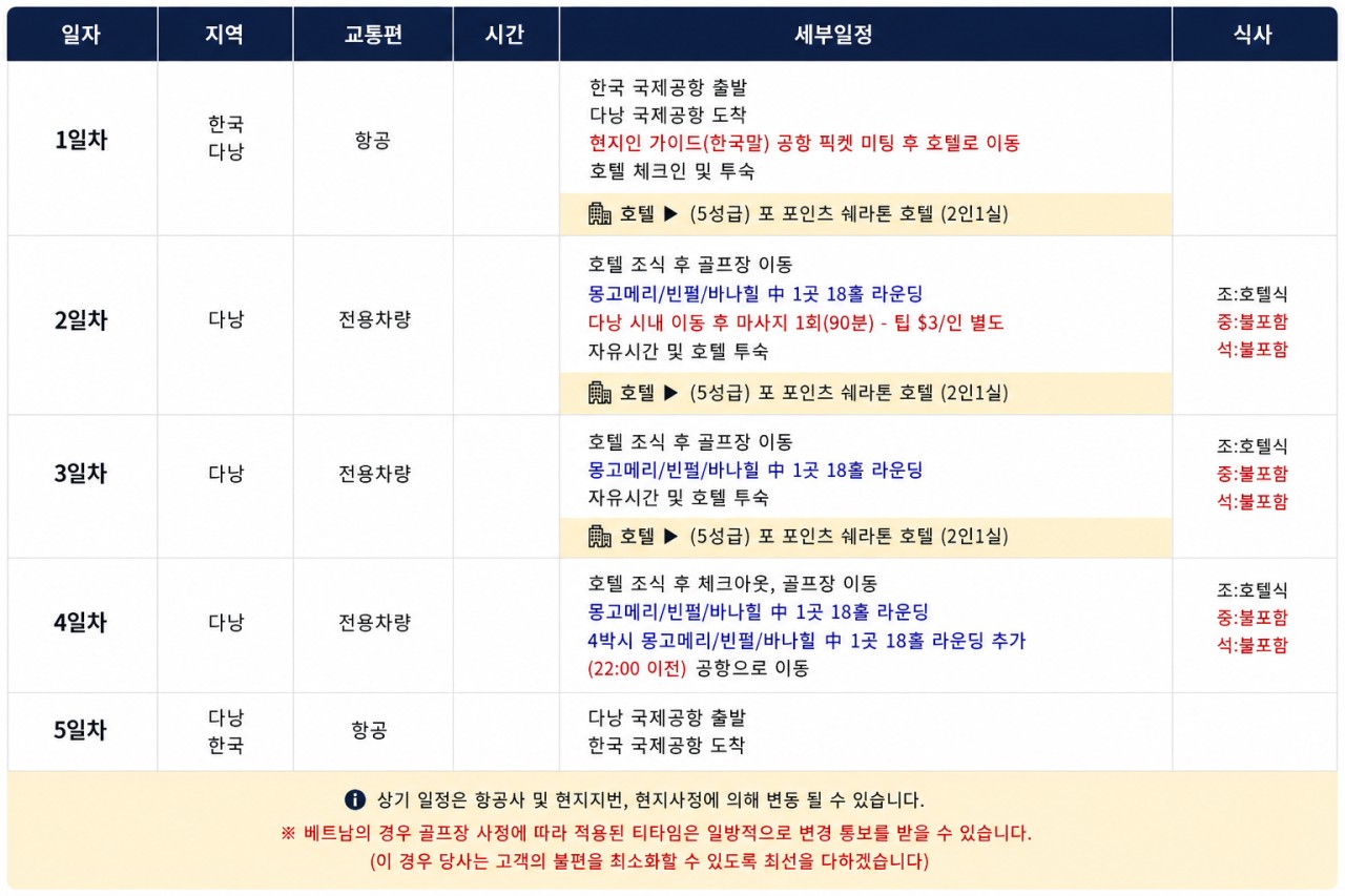[연휴특가] 다낭 3색골프 (빈펄/바나힐/몽고메리) - 5성급 포포인츠 쉐라톤호텔