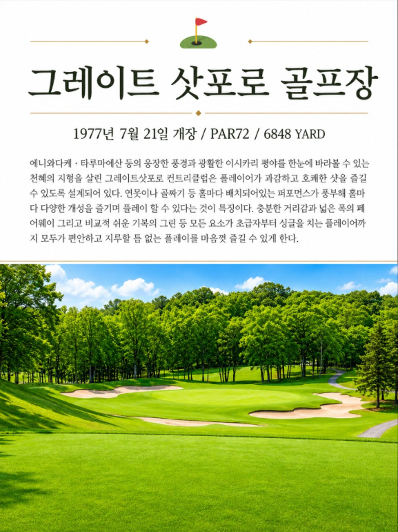 [7월 ~ 8월 특가] 북해도 7색 골프투어 4일 (치토세 시내 숙박)