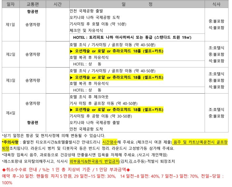 [오키나와] 나하 시내중심 호텔 - 남부 또는 중북부 3색코스 (아코디아/로얄) - 동계골프 선예약오픈