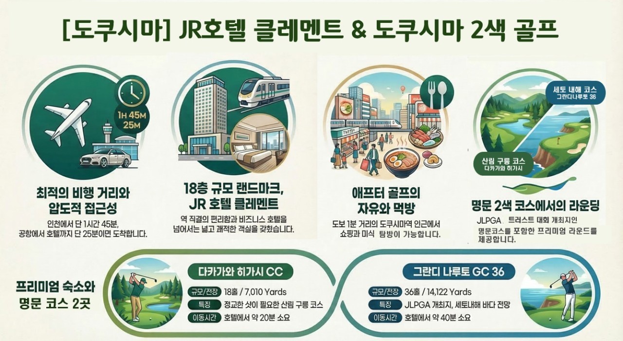 [도쿠시마] 5월 23일(토) 출발 3박4일 - 도쿠시마 시내호텔 3색 자유골프 패키지 (상급구장 포함)