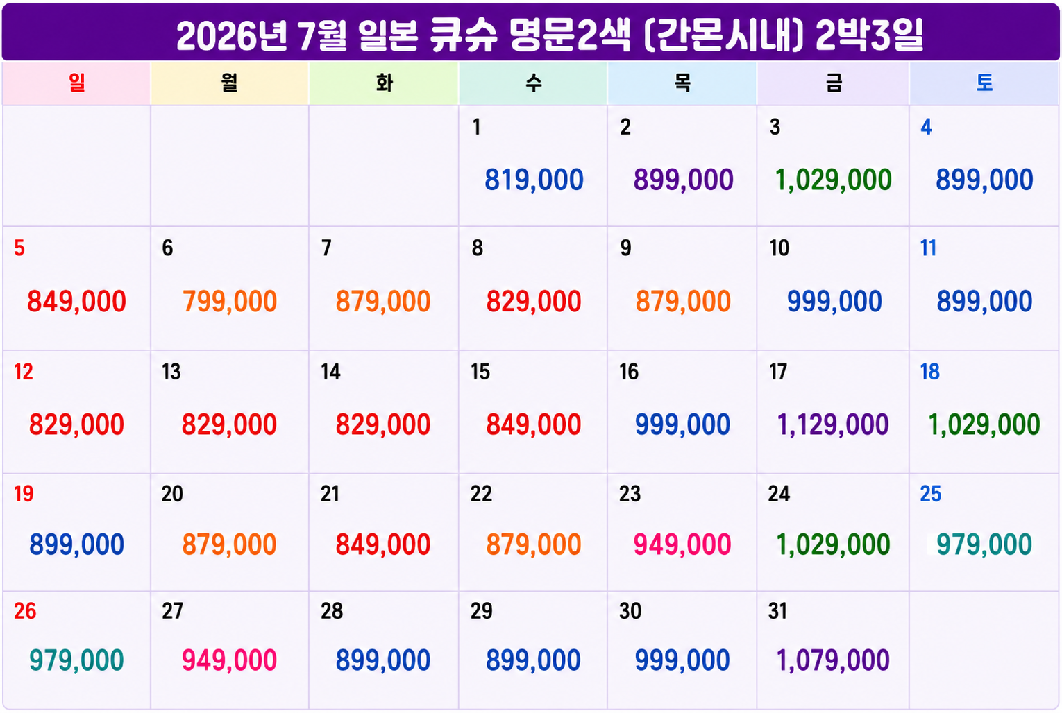 [6월 ~7월] 큐슈 명문 2색 (간몬시내 숙박) 2박 / 3