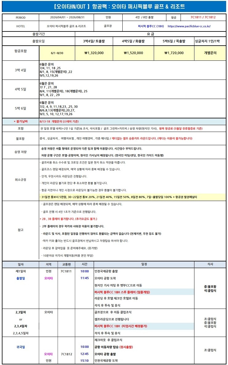 [오이타] 퍼시픽블루 골프앤리조트 / 일본 3대 골프장 / 오션뷰 큐슈명문 골프리조트 / 3박4일 & 4박5일