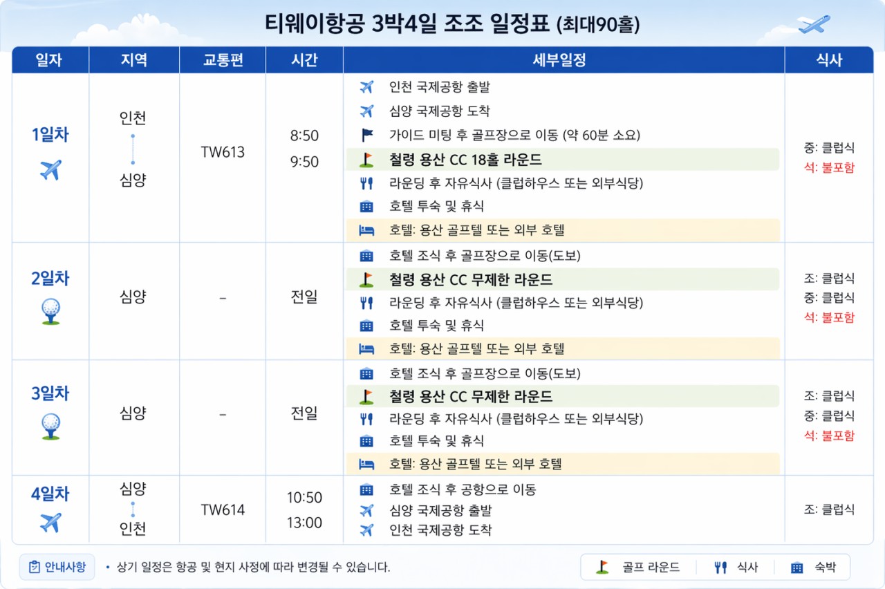 [심양] 여/름/골/프_2인OK / 칠령용산CC 무제한라운딩 / 유류세 인상전 예약필수 / 대한항공 3박4일