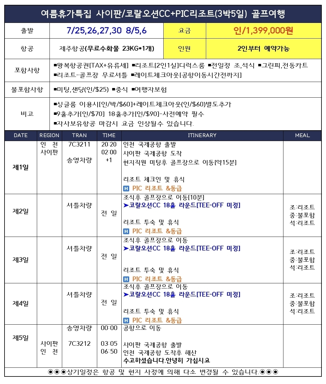 [사이판] 여름휴가 특가 전일정 조·석식 올포함! 코랄오션 + PIC리조트 골프여행
