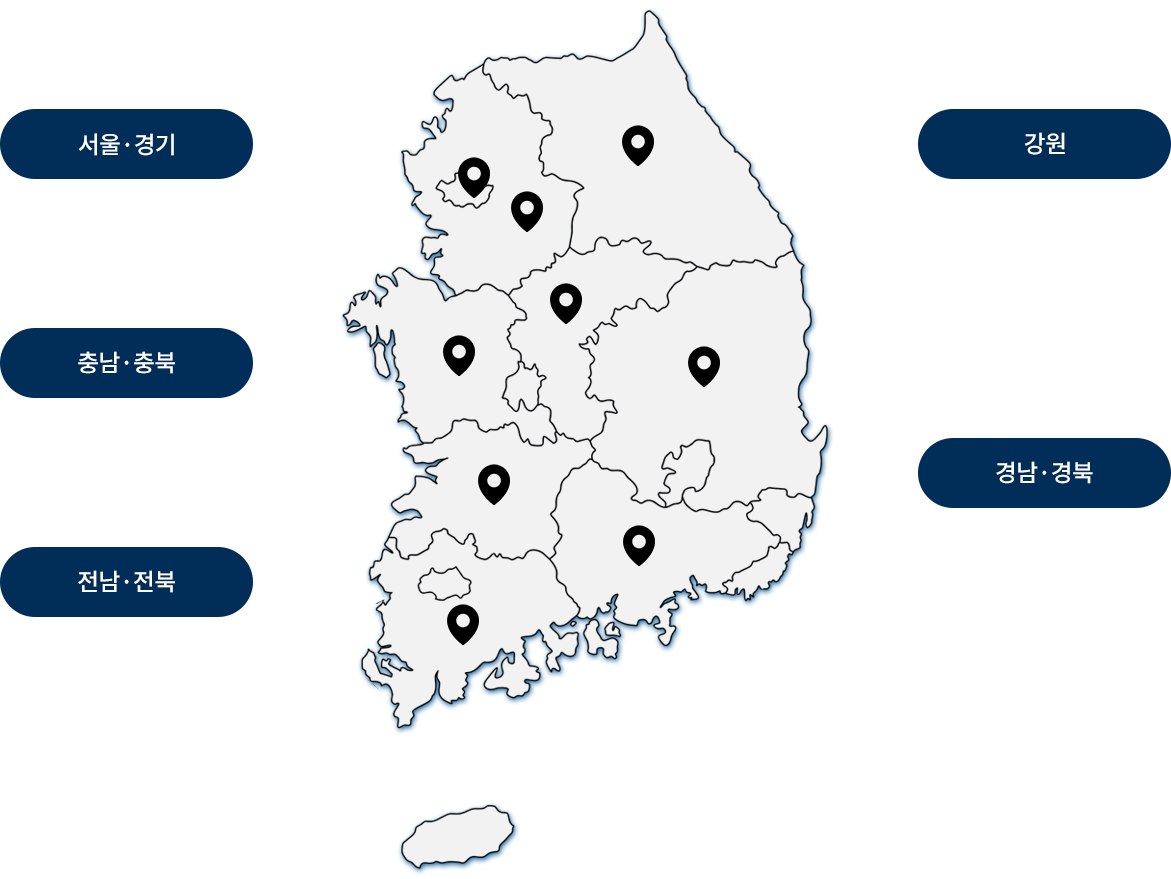 경남·경북, 충남·충북, 전남·전북, 서울·경기, 강원의 전국 지사 지도