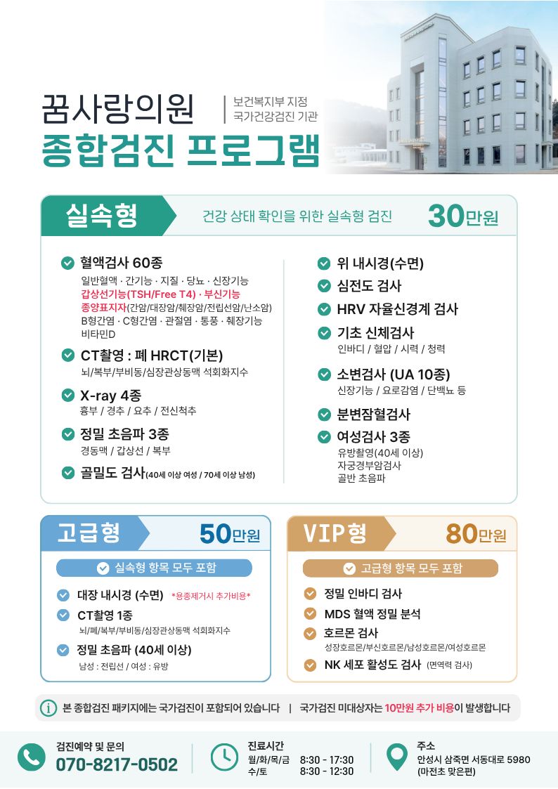 안성 건강검진 - 꿈사랑의원 종합검진 프로그램 안내 포스터. 보건복지부 지정 국가건강검진 기관. 실속형 30만원, 고급형 50만원, VIP형 80만원. 검진 항목과 진료시간, 검진예약 070-8217-0502, 안성시 삼죽면 서동대로 5980