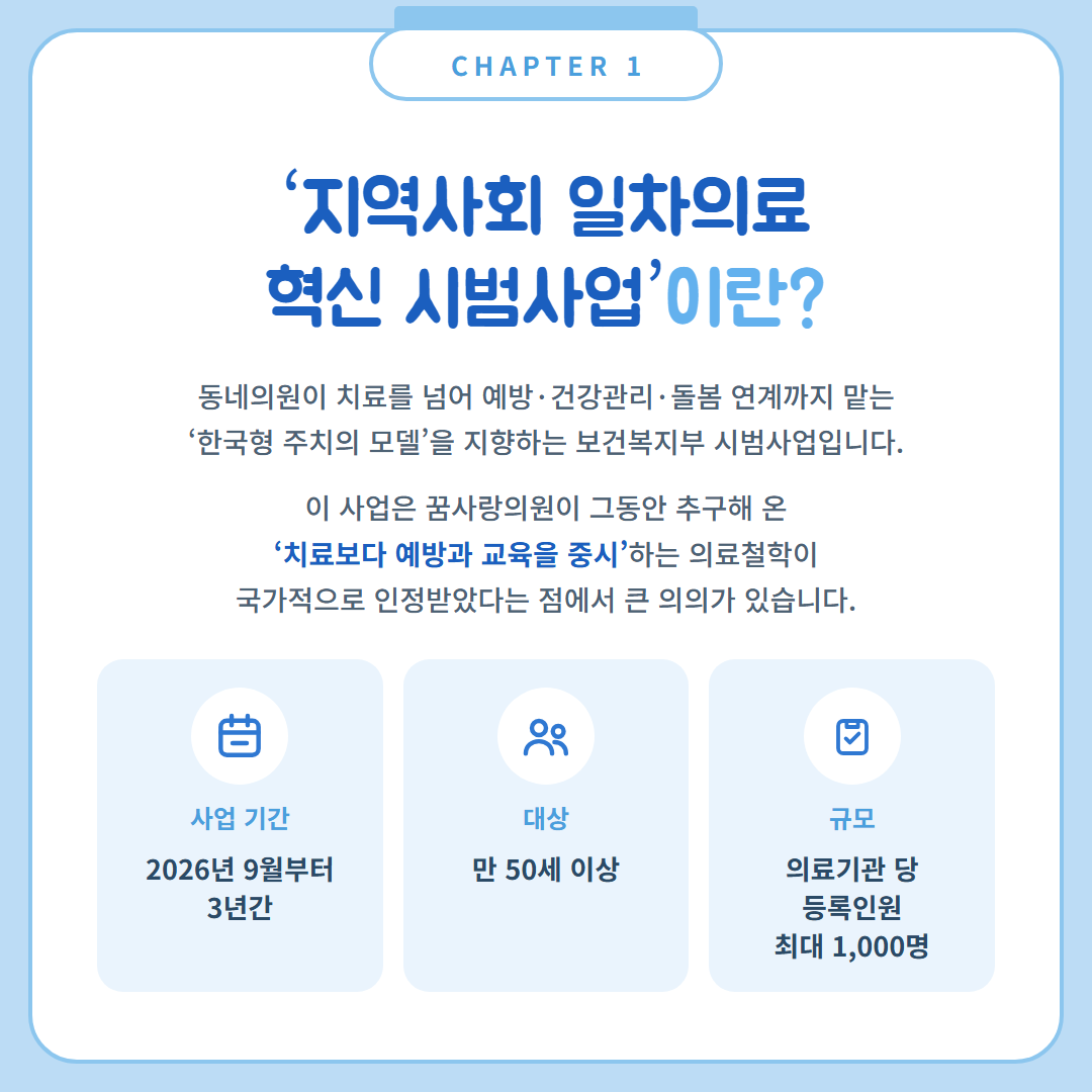 지역사회 일차의료 혁신 시범사업이란 - 한국형 주치의 모델, 사업기간 2026년 9월부터 3년간, 대상 만 50세 이상, 의료기관 당 등록인원 최대 1000명