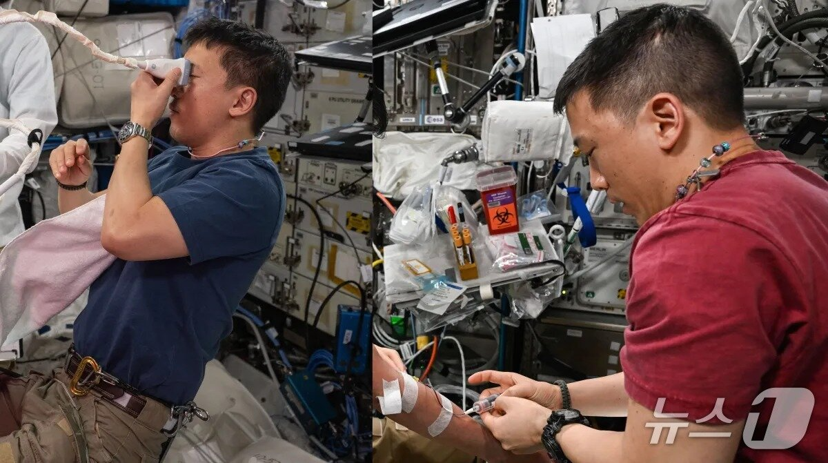 본문 이미지 - 국제우주정거장(ISS) 승무원들의 혈액·안구 검사 등 건강 모니터링을 수행하는 조니 김.(NASA 제공)/뉴스1
