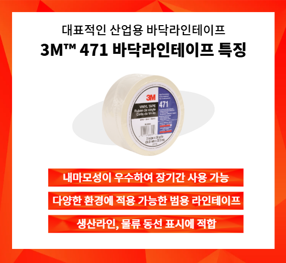 3M 471 바닥라인테이프에 대해 설명하며, 산업현장 적용을 들어주는 예시 이미지