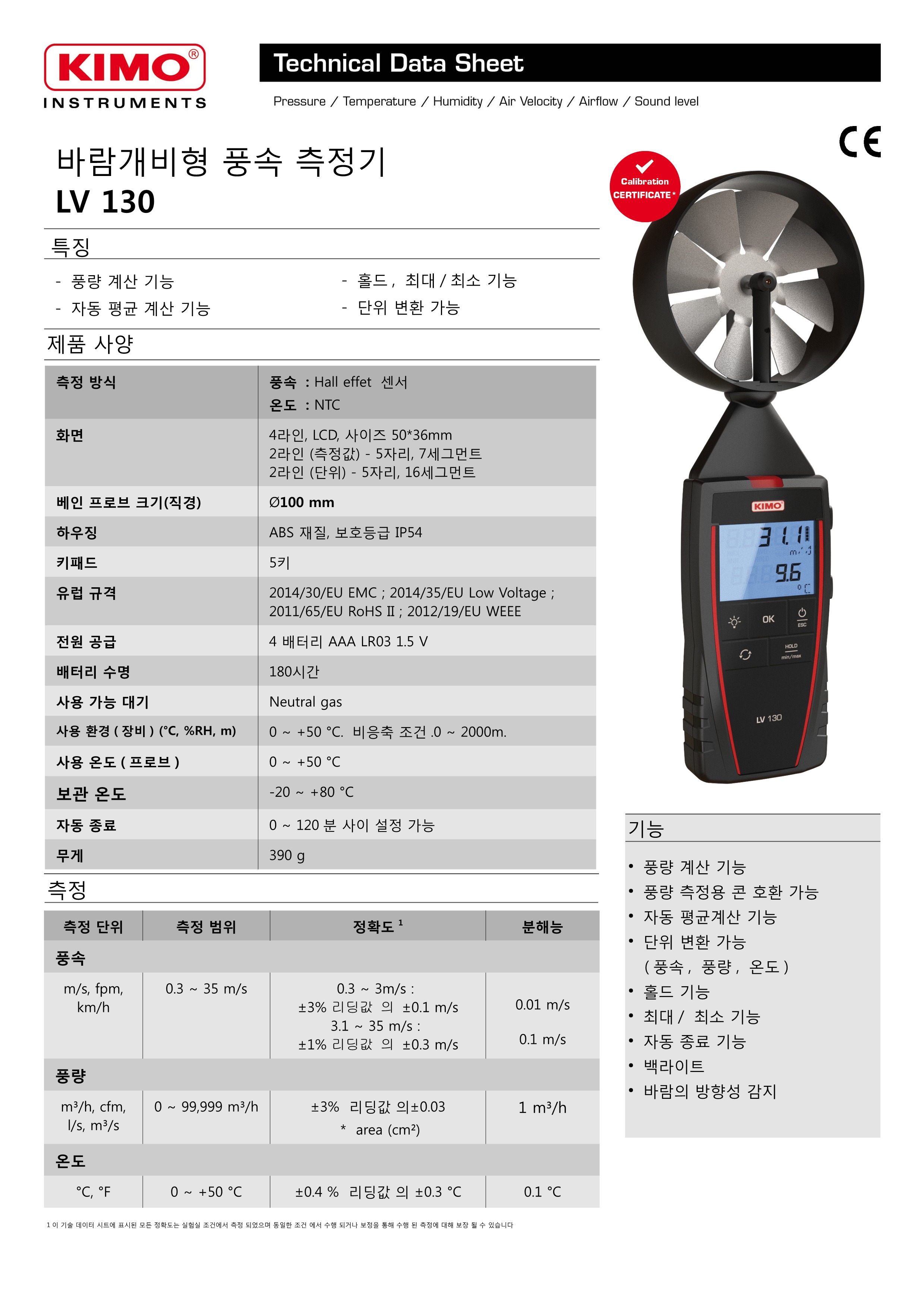 키모 KIMO LV130  Φ100mm 베인풍속풍량계 ()