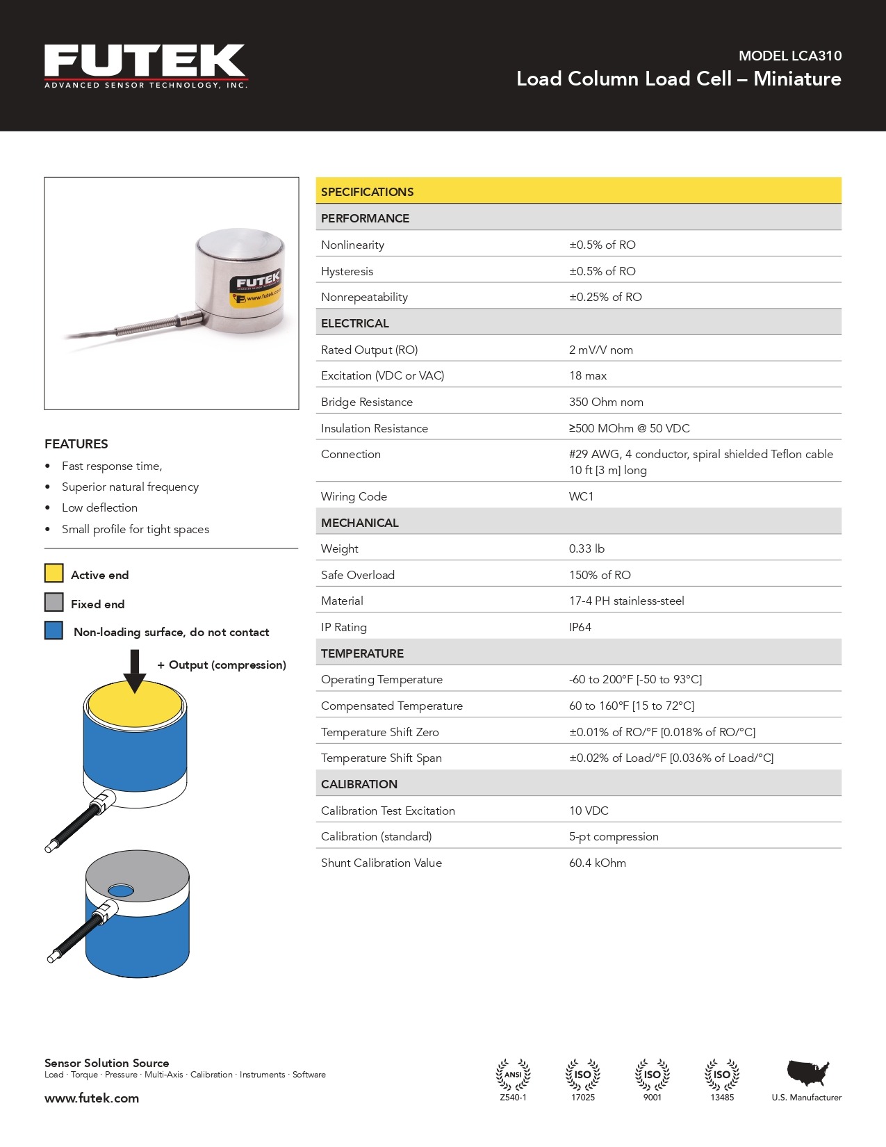 퓨텍 FUTEK LCA310 (가격문의) Miniature Load Column Load Cell - FSH04431 FSH04432 QSH01402