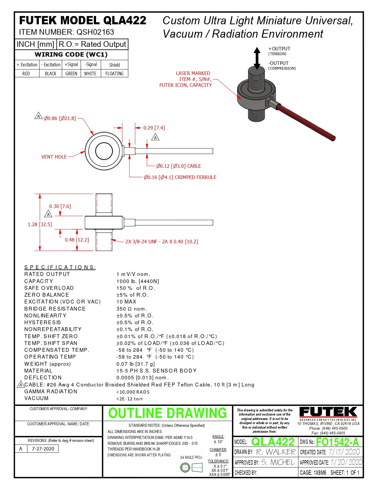 퓨텍 FUTEK QLA422 (가격문의) Custom Inline Load Cell, Vacuum / Radiation Proof - QSH02163