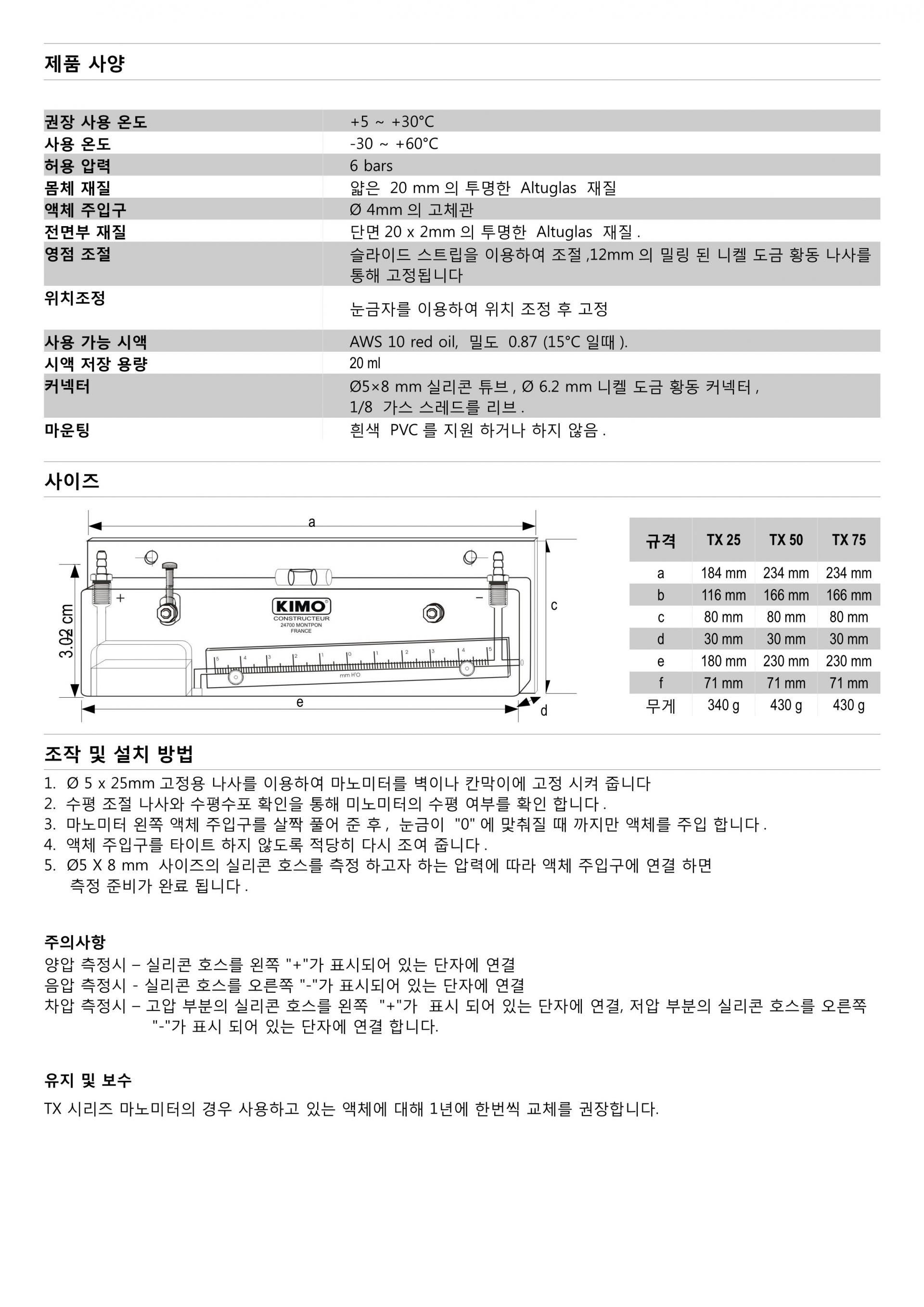 키모 KIMO TX 액주형 마노미터 시리즈 (경사형) TX 75 / TX 50 / TX 25 – 굿맨시스템 (가격문의)