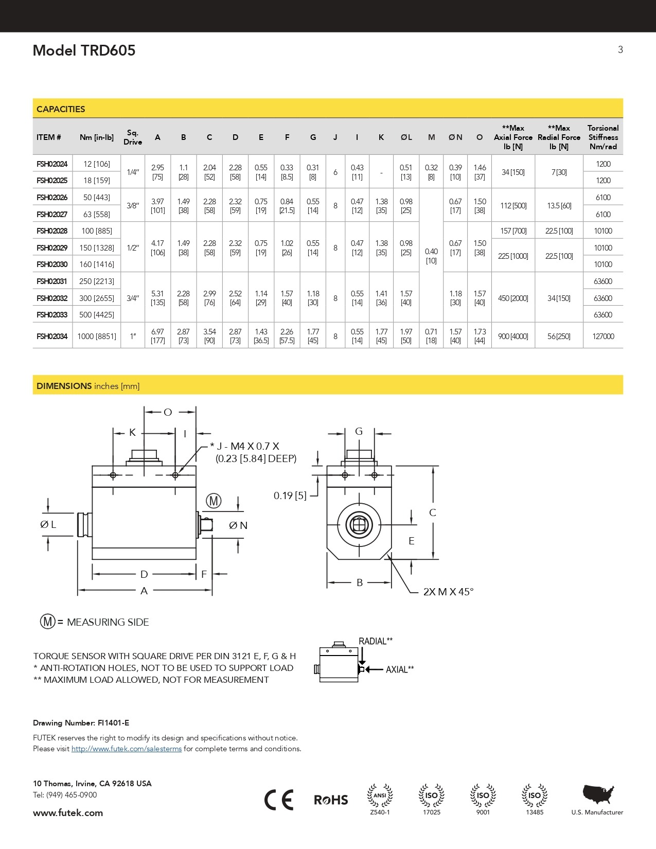 퓨텍 FUTEK TRD605 – Non-Contact Square-Drive Rotary Torque Sensor with ...