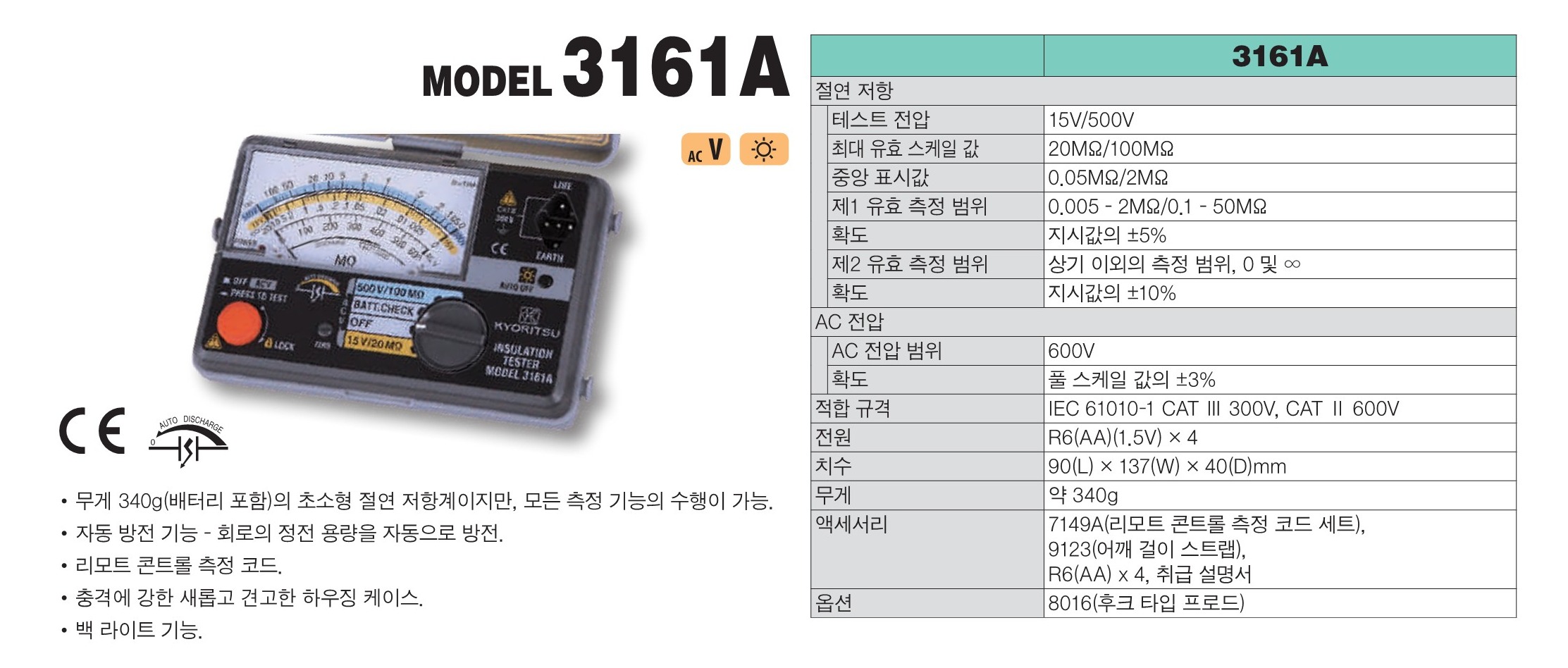 교리츠(교리스) KYORITSU 3161A 아날로그 절연저항계 - 가격문의