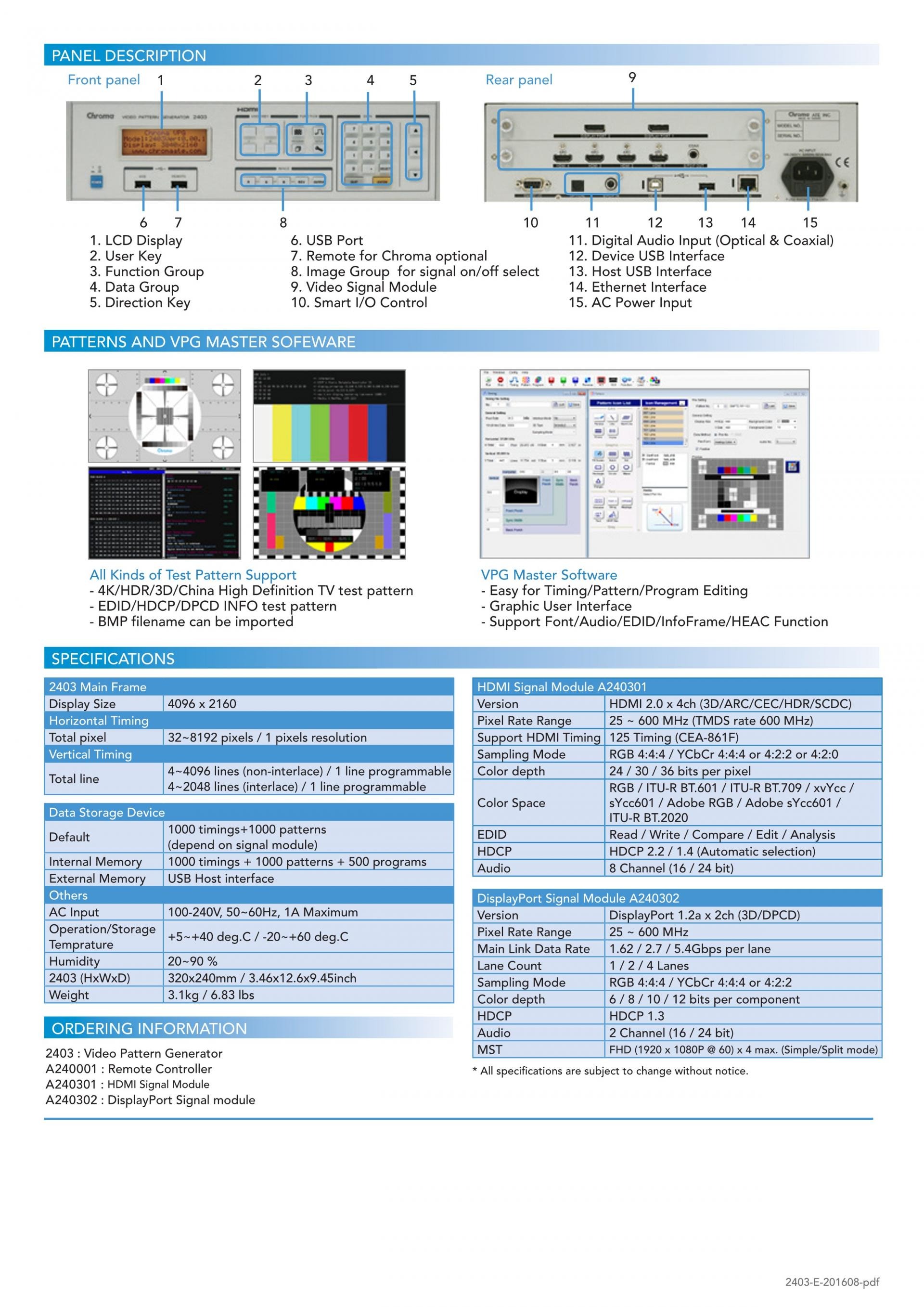 크로마 CHROMA Video Pattern Generator시리즈 2233-B/2234/2235/2238/2401/2402/2403/22294-A/23293-B/23294/ A223800 – /A223804/A223810/A223812 (가격문의)