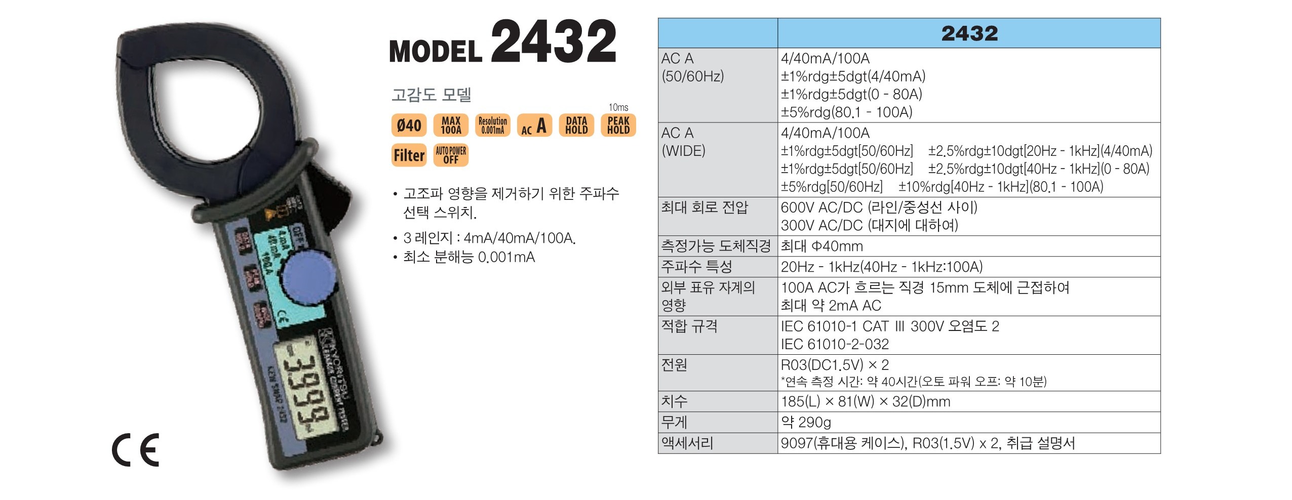 교리츠(교리스) KYORITSU 2432 누설전류 클램프미터 - 가격문의