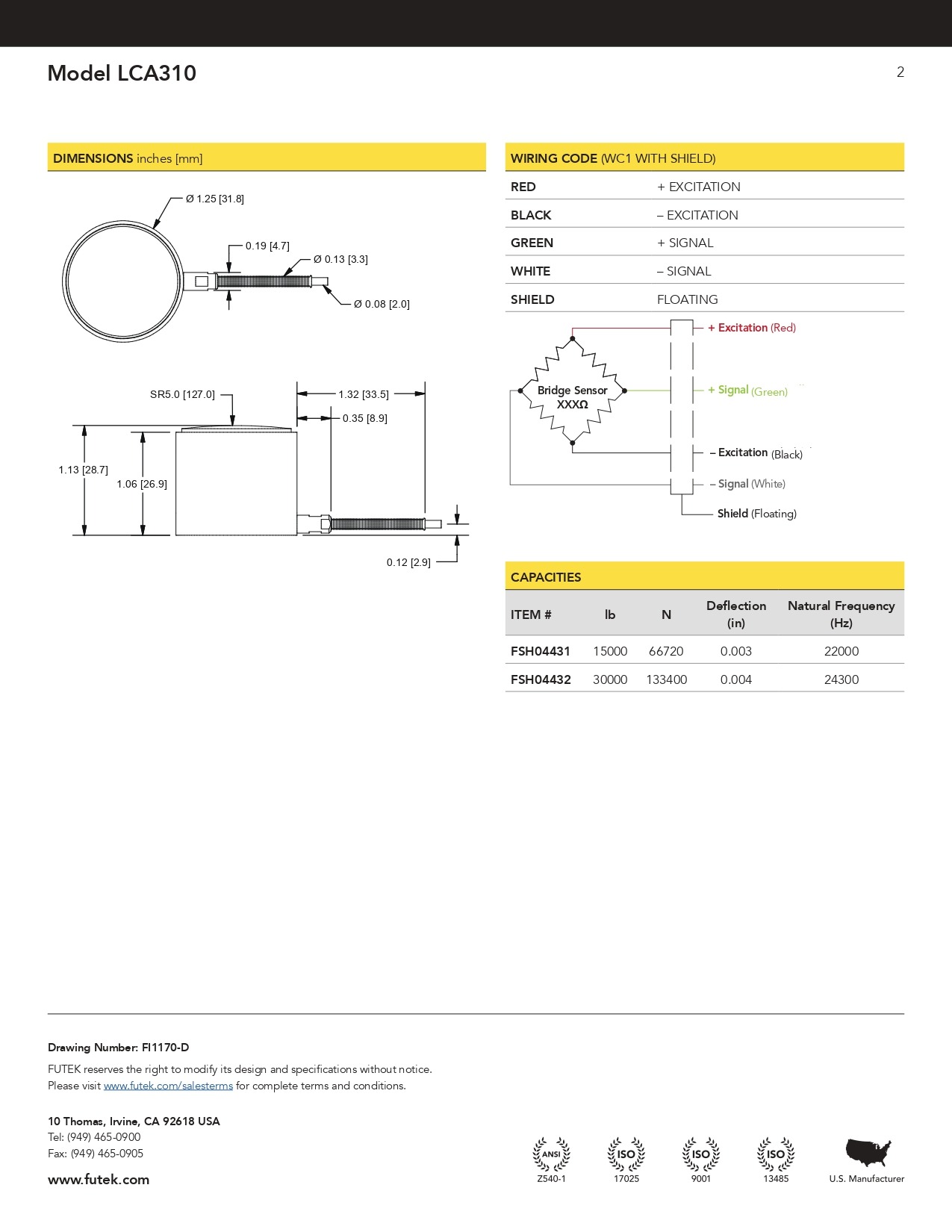 퓨텍 FUTEK LCA310 (가격문의) Miniature Load Column Load Cell - FSH04431 FSH04432 QSH01402