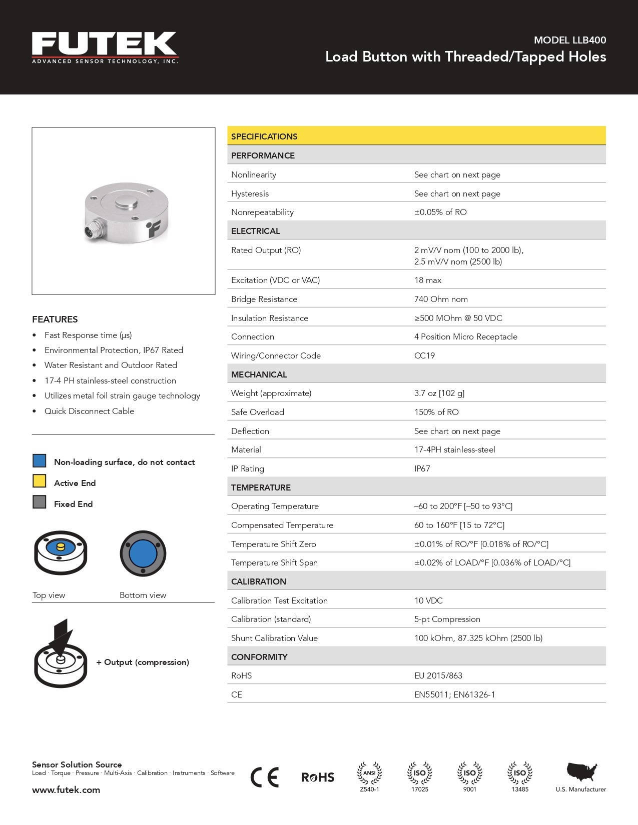 FUTEK 퓨텍 LLB400 (가격문의) Load Button with Threaded/Tapped Holes - FSH03889 FSH03890 FSH03891 FSH03892 FSH03893 FSH03894 FSH04603 FSH04604 FSH04605 FSH04606 FSH04607 FSH04608