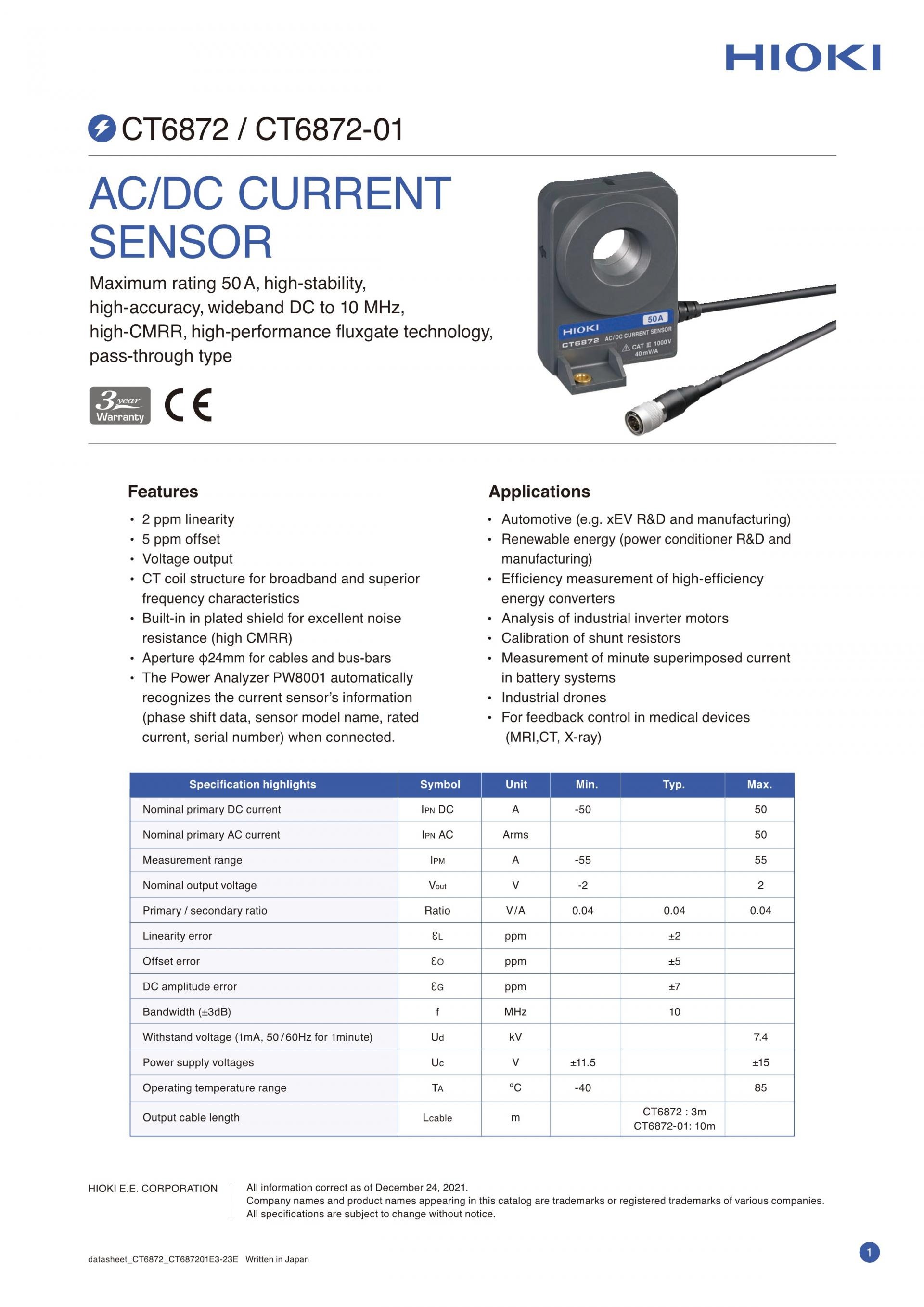 HIOKI 히오키 CT6872 AC/DC 커런트 센서 (가격문의)