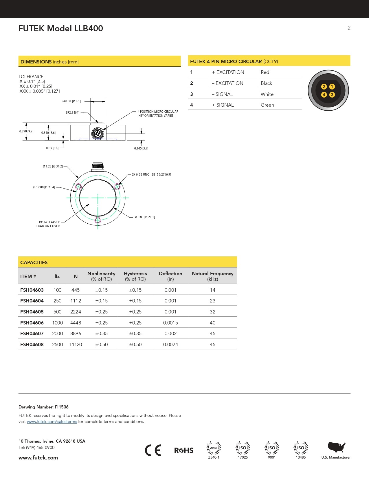FUTEK 퓨텍 LLB400 (가격문의) Load Button with Threaded/Tapped Holes - FSH03889 FSH03890 FSH03891 FSH03892 FSH03893 FSH03894 FSH04603 FSH04604 FSH04605 FSH04606 FSH04607 FSH04608