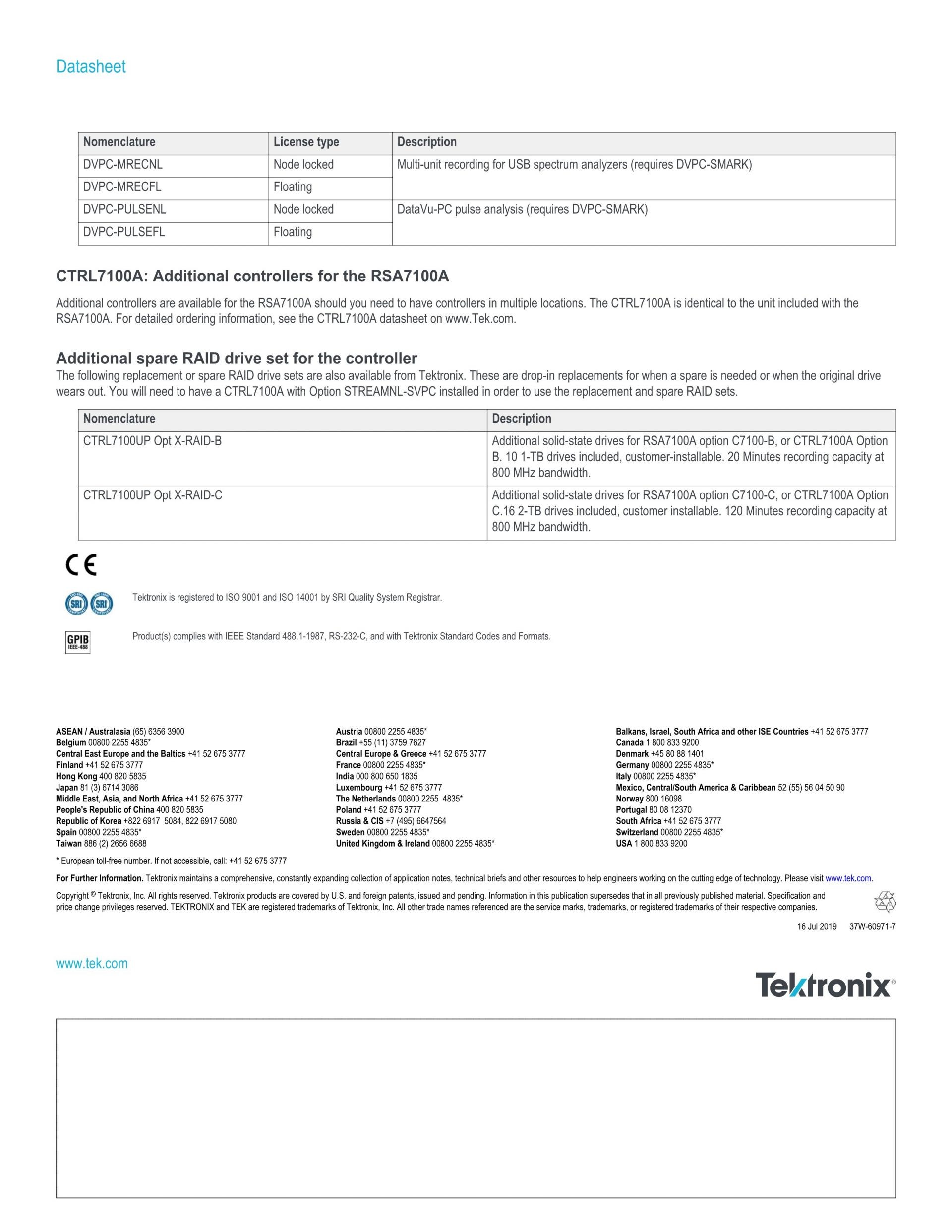 TEKTRONIX 텍트로닉스 RSA7100 광대역 신호 분석기 시리즈 RSA7100A / RSA7100B (가격문의)