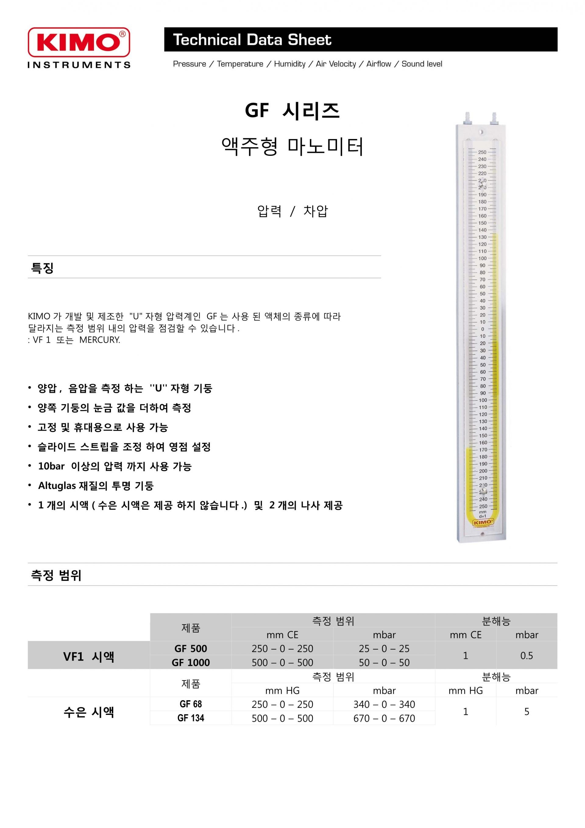 KIMO 키모 GF 액주형 마노미터 시리즈 (U자형) GF 500 / GF 1000 ()