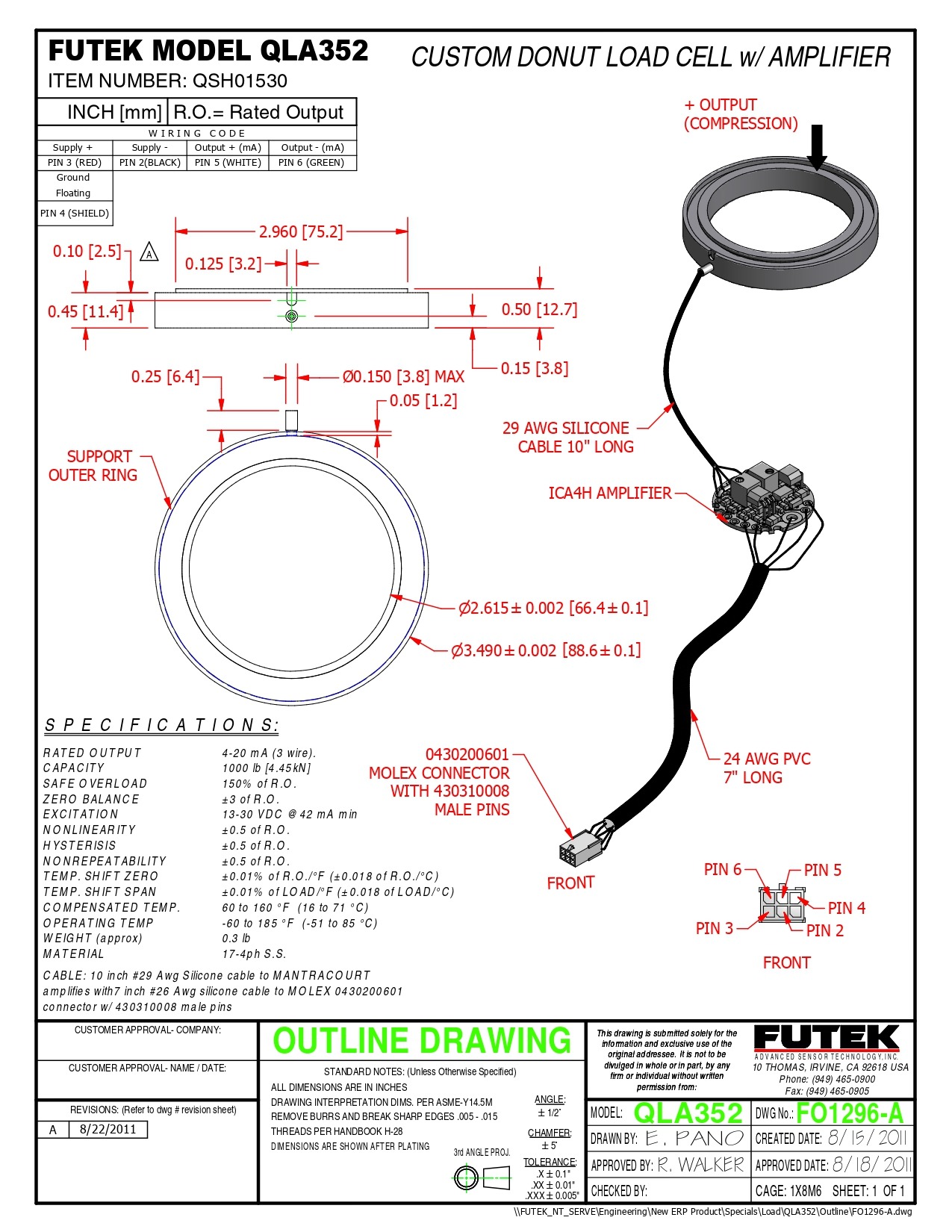 FUTEK 퓨텍 QLA352 (가격문의) Custom Donut Load Cell - QSH01530 QSH01546